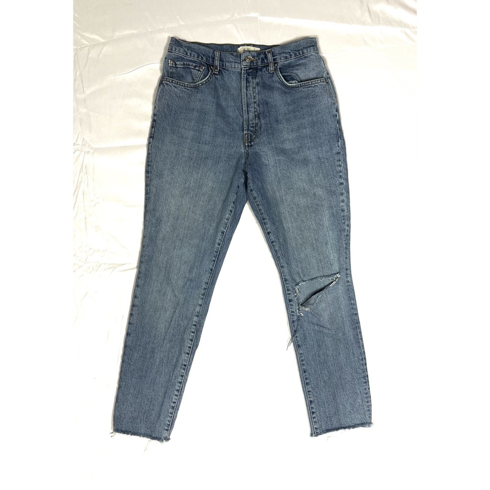 Free People We The Free Women 31 Blue High Rise Button Fly Distressed Mom Jeans